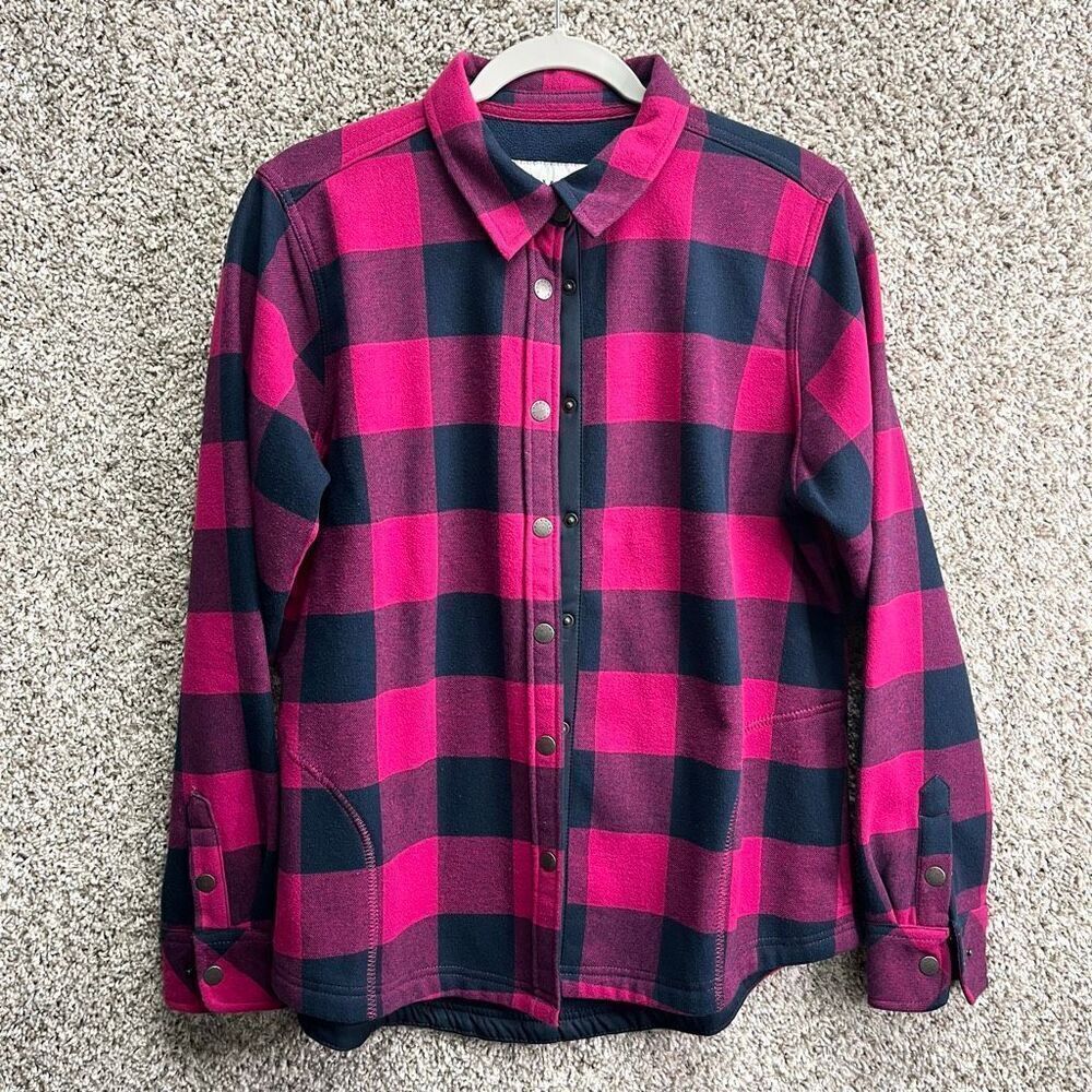 Orvis Pink and‎ Blue Plaid Snap Button Flannel Shirt Jacket in Size Large